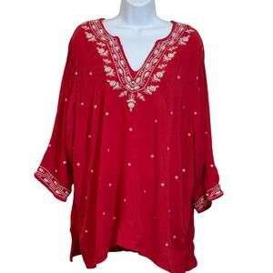 Catherine Daniels Red Embroidered Tunic 2X Boho Chic Cottagecore Coastal grandma